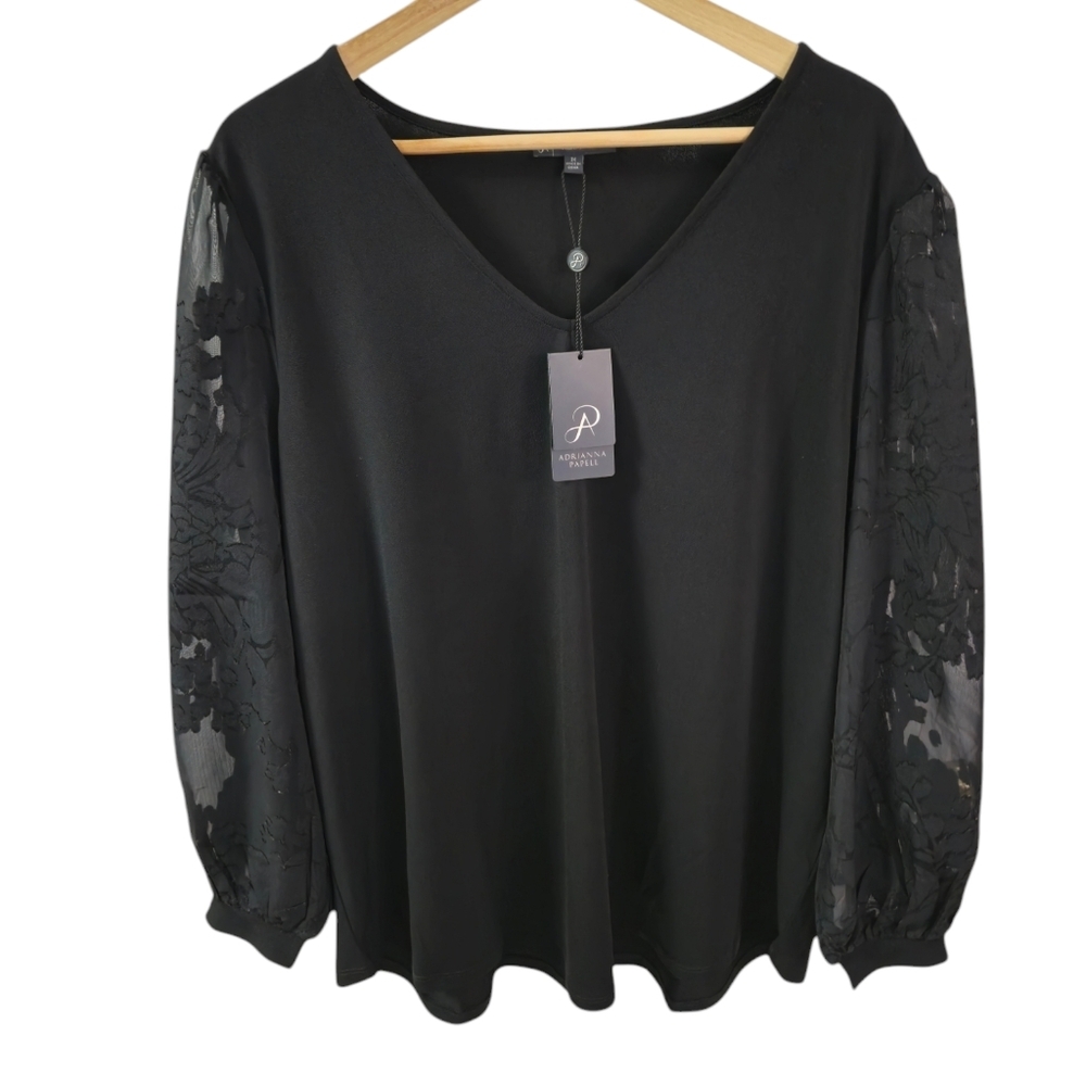 NWT Adrianna Papell V Neck Knit Top Floral Sheer Sleeves Black Size 2X